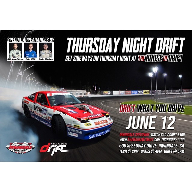 Join us tomorrow for Thursday Night Drift at Irwindale Speedway. These Thursday night sessions will be open to the public. Admission to the track grandstand will be $10 and parking is free. Fan gates will open at 4:00pm and the Drift sessions will run until 9:00pm Visit www.formulad.com/blog for more information | #formulad #formuladrift