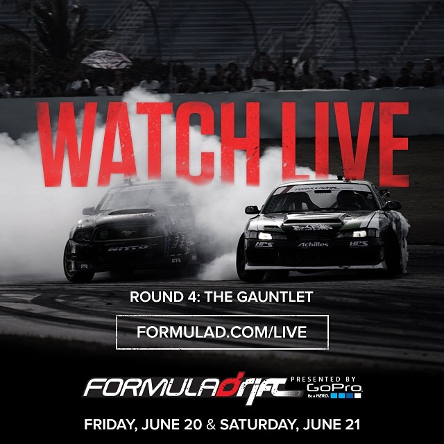 Round 4 – Wall, New Jersey Livestream Scheduled Times and the Official hashtags for the weekend are #formulad #formuladrift #FDNJ Friday, June 20, 2014 – Practice / Qualifying 12:00 PM – 1:00 PM – FD: Open Practice – Group 1 1:00 PM – 2:00 PM – FD: Open Practice – Group 2 2:00 PM – 5:00 PM – FD: Qualifying 2:00 PM – 5:00 PM – LIVE STREAM: PRO Live Stream Begins ( US EASTERN STANDARD TIME) 7:00 PM – 8:00 PM – FD: Open Practice – Top 32 Saturday, June 21, 2014 – Main Event 12:00 PM – 1:30 PM – FD: Open Practice – Top 32 1:30 PM – 3:30 PM – FD: MAIN COMPETITION – Round of 32 1:30 PM – 7:30 PM – LIVE STREAM: PRO Live Stream Begins ( US EASTERN STANDARD TIME) 3:30 PM – 5:00 PM – “Halftime Break” 5:00 PM – 5:30 PM – National Anthem / Opening Ceremonies 5:30 PM– 7:30 PM – MAIN COMPETITION: Round of 16 to Finals 7:30 PM – 8:00 PM – Trophy Ceremony & Closing