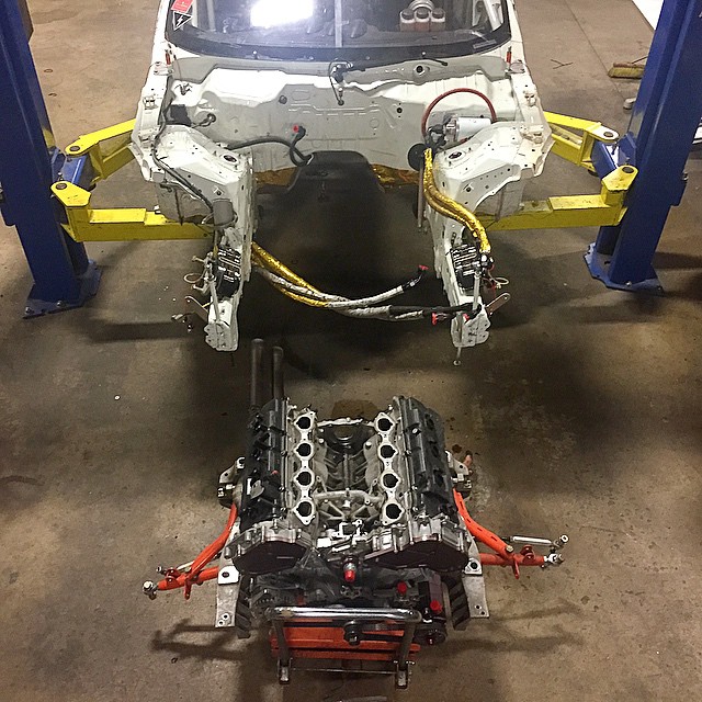 Performing a heart transplant on the #717 370Z that @jcastroracing will be driving again in 2015. Fresh engine and some chassis upgrades to go along with it.