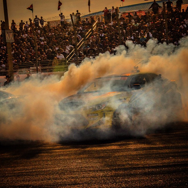 One of the most critical moments of drift competition is being deep in the smoke from the lead car. Staying patient is key, and pulling out of it on a decent line is the best feeling ever! Had a great battle with @tylermcquarrie in Long Beach. #holdstumt (Photo: @psuslov)
