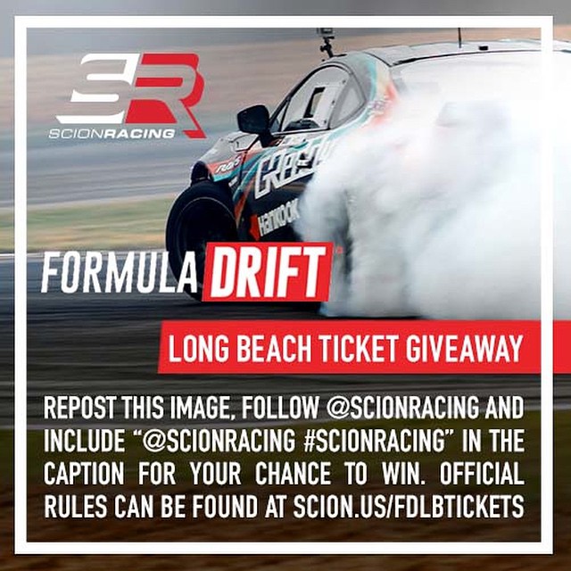 Want to a pair of tickets to Formula DRIFT Round 1 - Long Beach this Saturday? @scionracing is giving a pair away. To enter, simply repost this image follow @scionracing, and include @scionracing #scionracing in the caption for your chance to win. | #formulad #formuladrift #fdlb