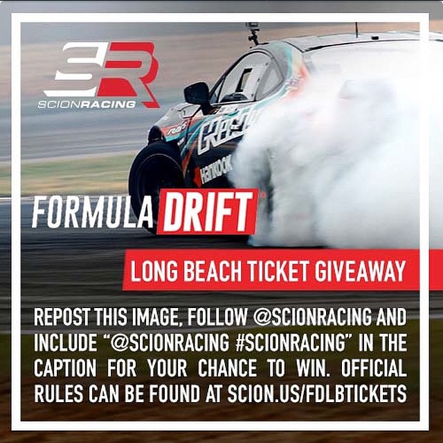 Want to see @KenGushi and myself in action alongside the rest of the pack at @FormulaD Long Beach this Saturday? Now is your chance to win a pair of tickets! To enter, simply repost this image, follow @scionracing, and include @scionracing #scionracing in the caption for your chance to win. Click the link in our profile, or visit http://scion.us/fdlbtickets for official rules. #scion #teamscion