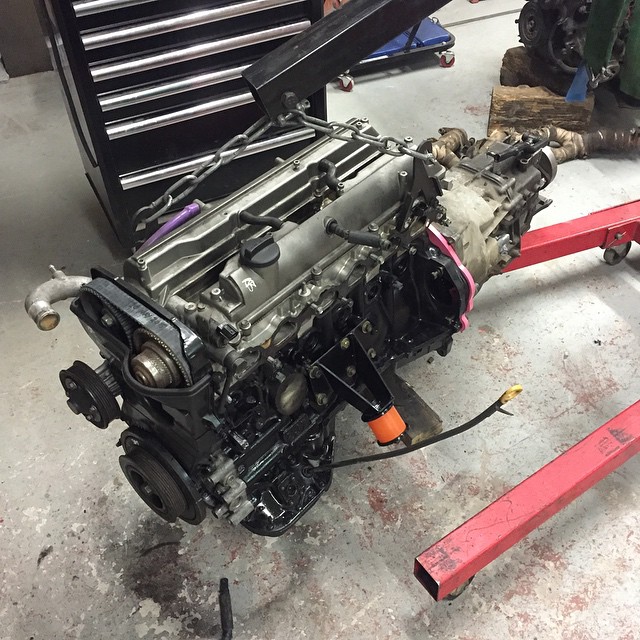 Another 2jz all prepped and ready to install into a 180sx. Bmw gearbox is getting popular here now #dmac #2jz #s13 #schassis