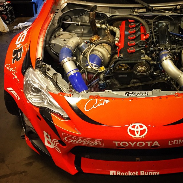 Peek-a-boo! Our @compturbo sitting pretty in the #ToyotaExpressService #86X engine bay. Here's a hint of our 2015 livery as well! #HoldStumt #UndergroundGarage