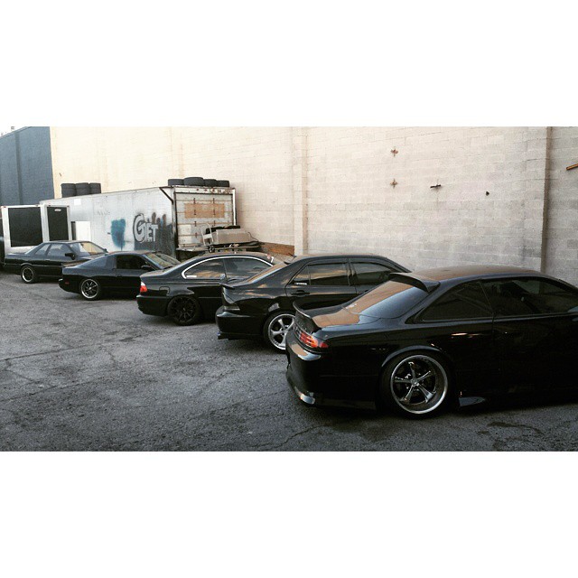 The all black car crew at the shop. R31, s13, @garretnuts BMW, @2jzgrl is300, and @forrestwang808 s14. Who can guess the next black car (2jzgrl's) that's being added to the collection? If you get it right you'll win a lanyard! #getnuts #getnutslab #forrestwang #2jzgrl #garretnuts #blackcarcrew #r31 #s13 #sr20det #bmw #325ci #is300 #lexus #blackbeauty #s14 #240sx