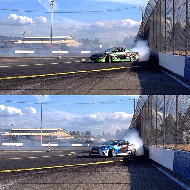 @davebriggs24 and @jeffwolfson47 spraying rubber at the wall during @formulad Seattle Pro2 practice. #fdsea #formulad #formuladrift #drifting
