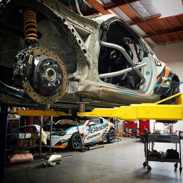 Major work and cosmetic repairs going into the @greddyracing x @hankookusaracing x @scionracing FR-S for Seattle event next week. Look for @kengushi to be on attack mode for #FDSEA !!! #intheGReddygarage