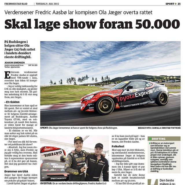 Norwegian newspaper article on my friend @olajaeger and his thoughts on driving the #86X at #Gatebil this weekend while I'm away at #FDJapan. This 'drifting experiment' is really growing into a global thing, isn't it? #HoldStumt #ToyotaExpressService #FredriksstadBlad #UndergroundGarage