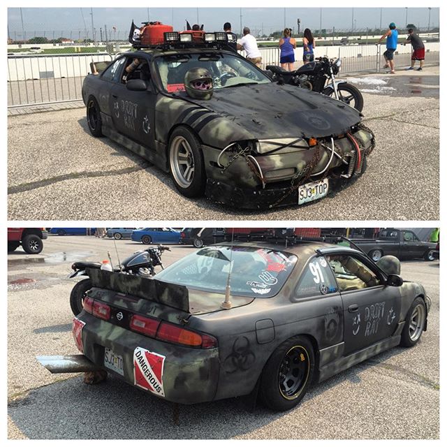 This 240SX is insane! And the best part is... He daily drives it too! License plate spoilers, camo netting, and chains to hold the bumpers on. Not something you see everyday... #thisvehiclewasbuiltforwar #streetdriven
