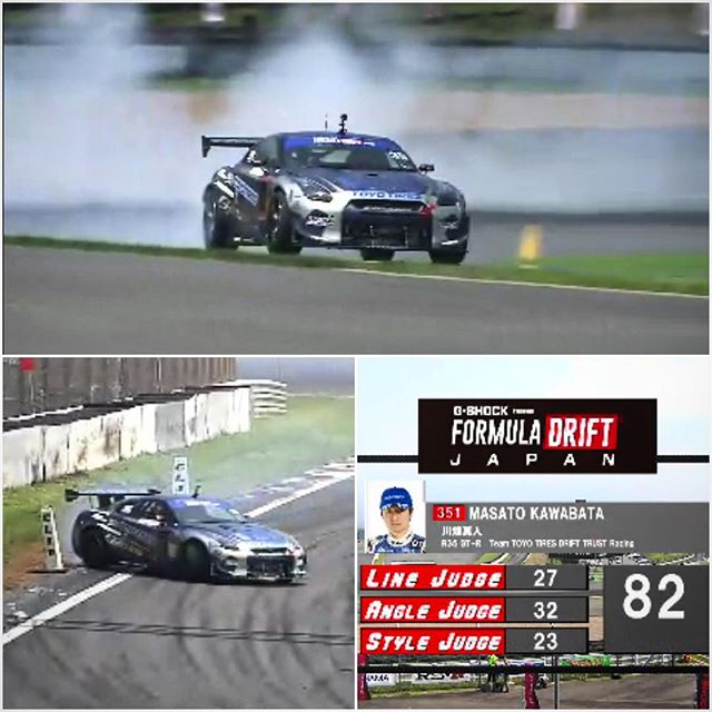 #masatokawabata scores a solid 82 in his first qualifying run for #formuladrift #FDjapan. Look for an even stronger run in Q2. #TeamTOYOtireDrift #TRUSTracing 35RX GT-R #FujiSpeedway