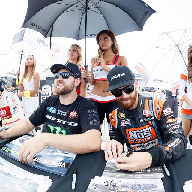 Hanging out with my buddy @vaughngittinjr during the autograph session at Formula Drift last weekend sporting the new low-key @thehoonigans censor bar hat which is now available on #HooniganDOTcom. Good luck to Vaughn in his Trans Am race tomorrow!