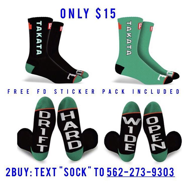 FREE FD Sticker pack included with these FD x Takata black or green socks. $15 + shipping Only 200 Left. Text "SOCK" to 562-273-9303 to checkout. ‪ #FormulaDRIFT‬