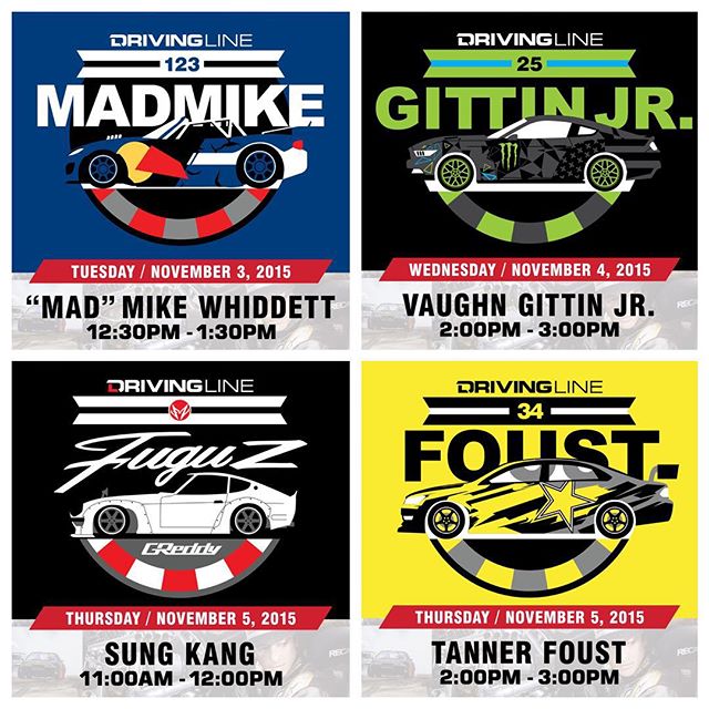 If you are at @semashow this week swing by the @drivingline booth to meet @madmike_drift @vaughngittinjr @tannerfoust @sungkangsta