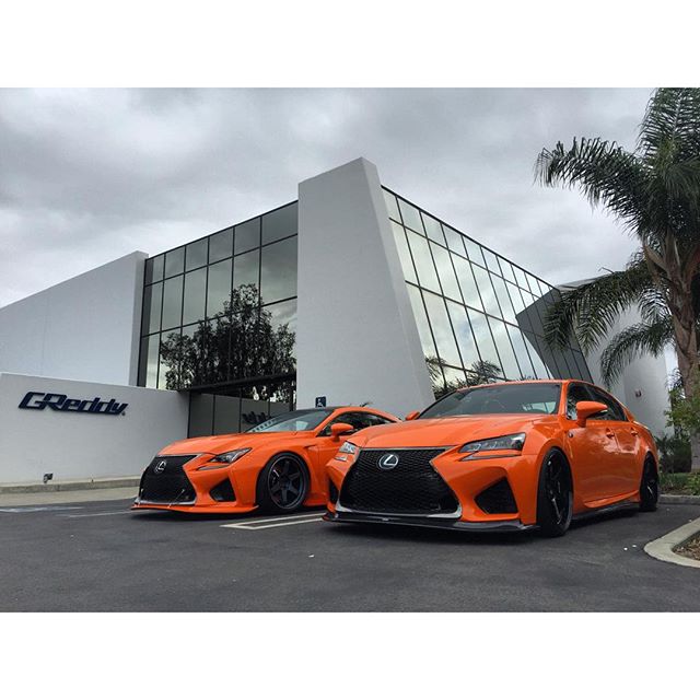 We also got some orange visitors at the GReddy HQ today. The @LexusTuned pair straight from the #SEMAshow. with aero by @trakyoto and with @sumeru_design carbon aero. Both aero kits will be available directly though #ShopGReddy.com. Pricing and ETA coming soon...