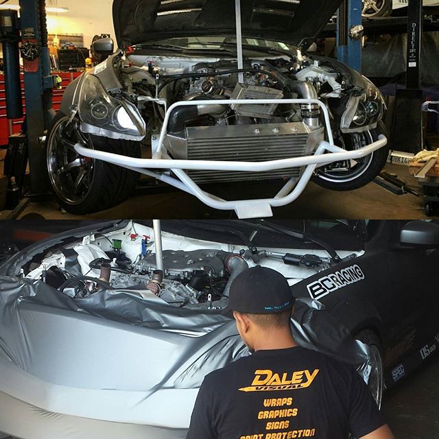 After Long Beach Formula Drift, we completely redesigned the damaged front end and intercooler set up on @robbienishida 's FD drift car and @daleyvisual guys are finishing up wrapping the front bumper on the car. Thanks for the last minute wrap job guys! Always there to save the day! @kindaineomotorsports_jerry you got the jack point you asked for.