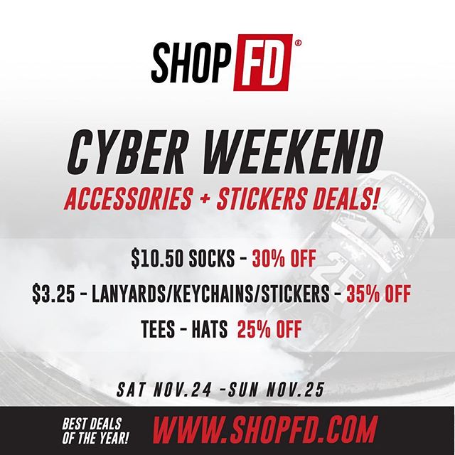 SHOPFD.com - Cyber Weekend: Sat-Sun Only
Accessories + Sticker Deals!
--------------------------------
Socks - 30% OFF
Lanyards + Keychains + Stickers - 35% OFF
--------------------------------
TEES - HATS 25% OFF
--------------------------------
Log onto www.ShopFD.com to Save of FD Goods!
SALE Ends Sunday, Nov 25 Midnight PST
--------------------------------
@ShopFDofficial