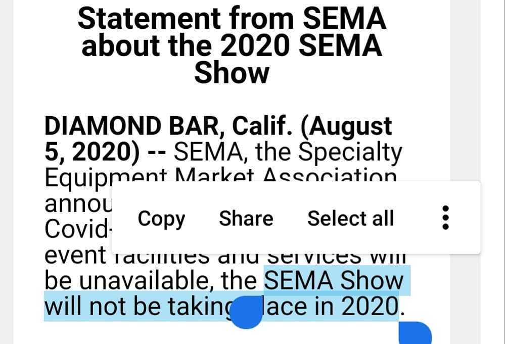 SEMA Show will not be taking place in 2020