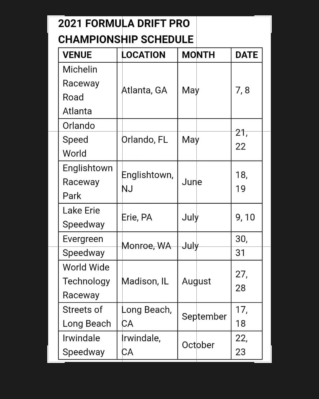 FORMULA DRIFT 2021 SCHEDULE