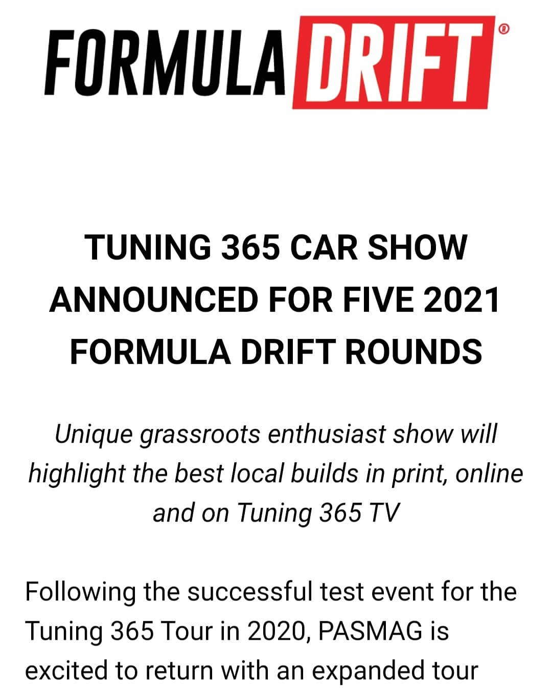 TUNING 365 CAR SHOW ANNOUNCED FOR FIVE 2021 FORMULA DRIFT ROUNDS