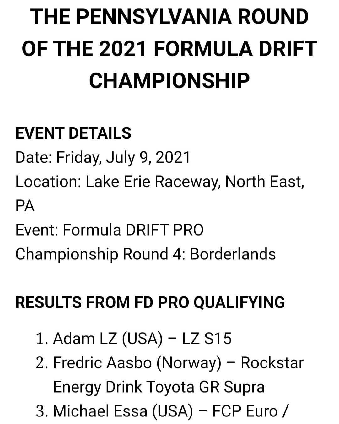 Qualifying Results from the Pennsylvania Round of the 2021 Formula DRIFT Championship