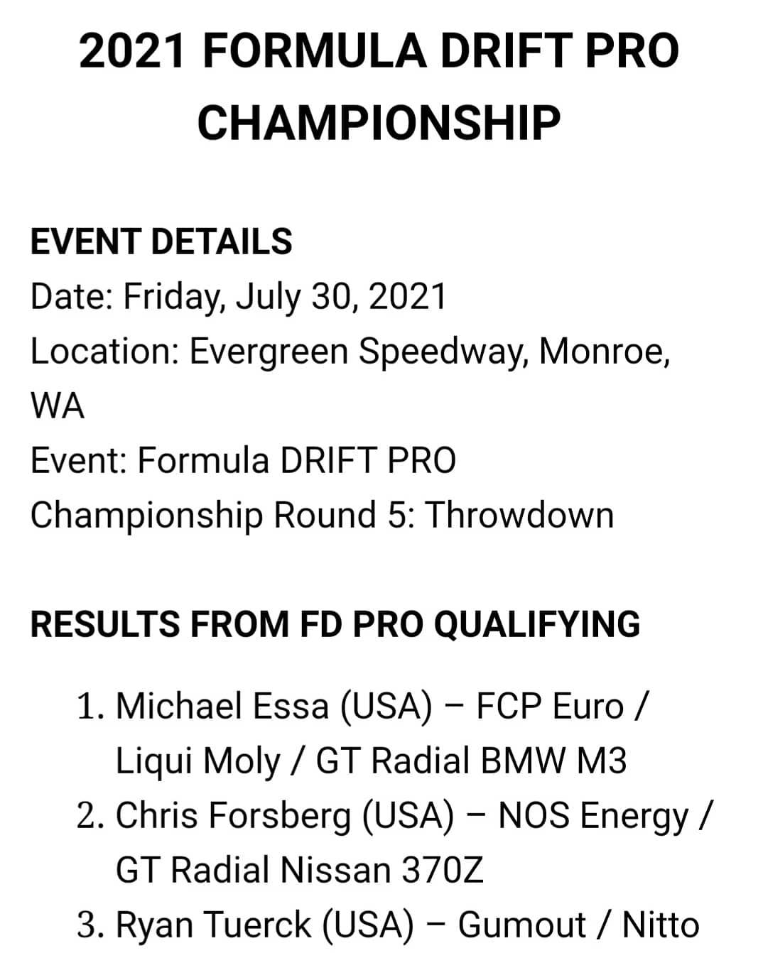 Qualifying Results from the Seattle Round of the 2021 Formula DRIFT Championships