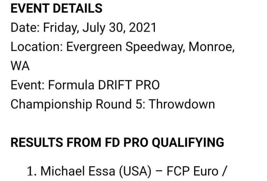 Qualifying Results from the Seattle Round of the 2021 Formula DRIFT