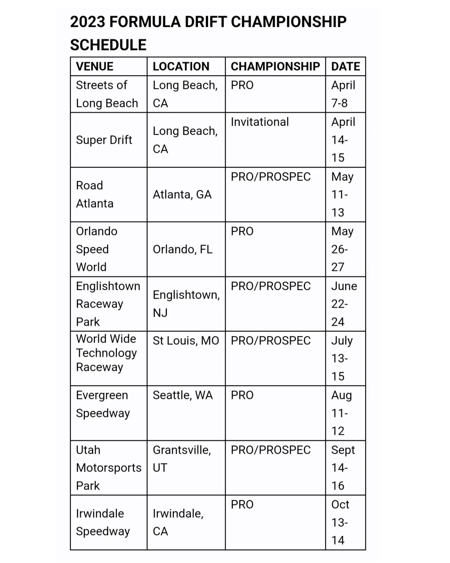 2023 FORMULA DRIFT CHAMPIONSHIP SCHEDULE