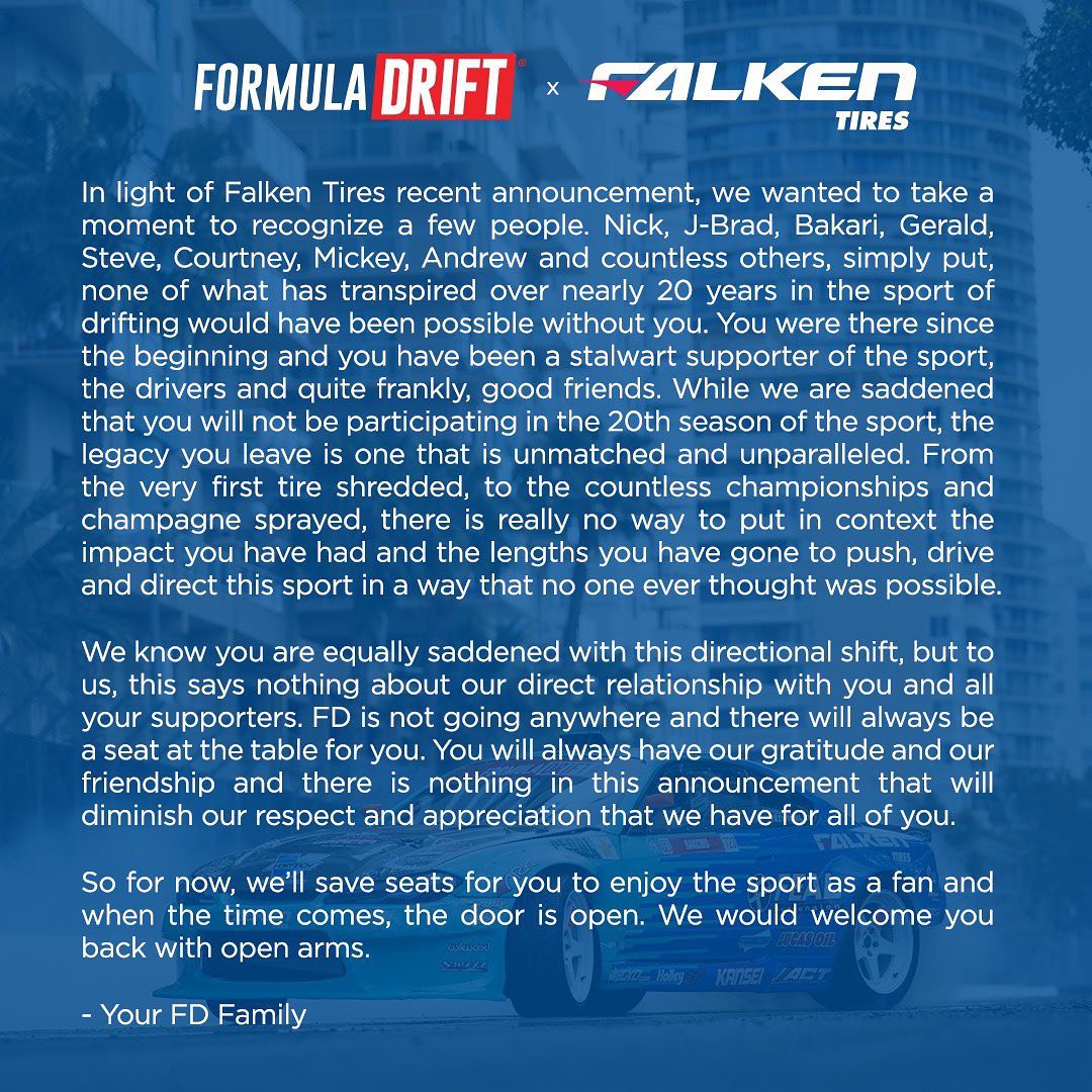 End of an era. Thank you for all of the unforgettable memories, @FalkenTire.