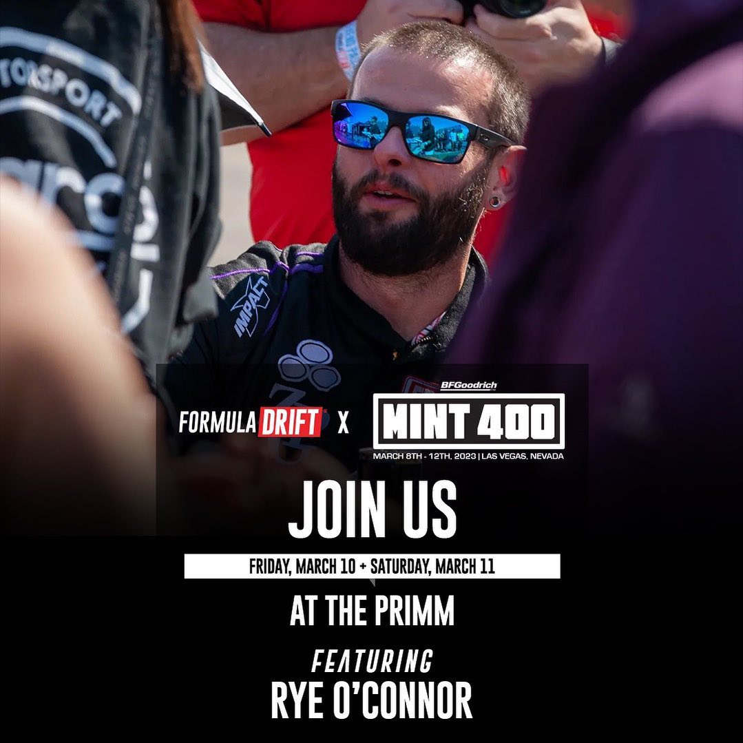 Join us TOMORROW, Las Vegas! We're bringing drift demos to The Mint 400 start/finish midway in Primm! 🏜️

Formula DRIFT demos with drivers including Rye O'Connor (@breadman_350z) are scheduled to take place 12PM, 1PM, 2PM and 3:30PM on both March 10 and 11. Each demo is expected to last approximately 15 minutes.