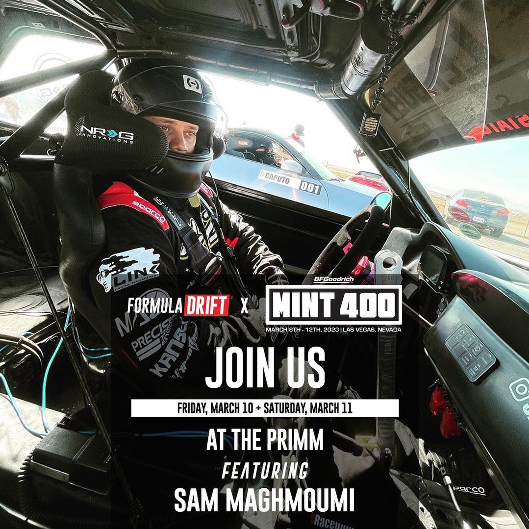 Las Vegas FD fans! We're bringing Formula DRIFT driver demos to The Mint 400 start/finish midway in Primm! 

Demos with drivers including @Sam.Maghmoumi are scheduled to take place 12PM, 1PM, 2PM and 3:30PM this Friday and Saturday!