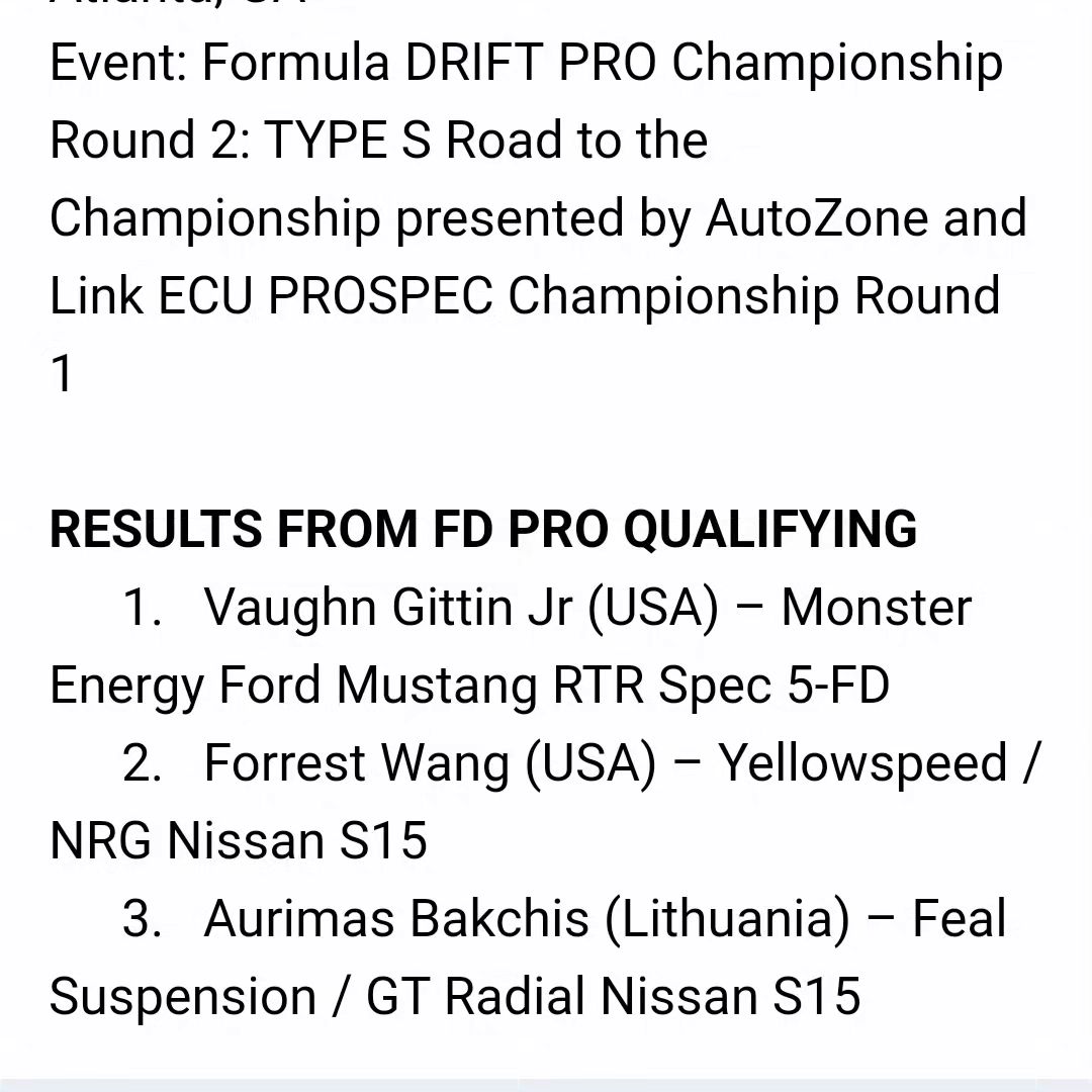 QUALIFYING RESULTS FROM ROUND 2 OF 2023 FORMULA DRIFT PRO AND ROUND 1 OF PROSPEC CHAMPIONSHIPS IN ATLANTA