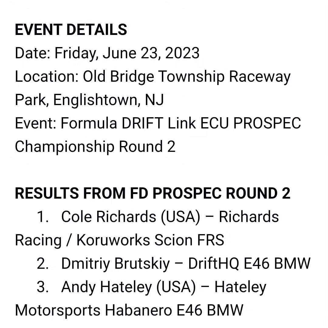 COMPETITION RESULTS FROM ROUND 2 OF THE 2023 FORMULA DRIFT PROSPEC CHAMPIONSHIP IN NEW JERSEY