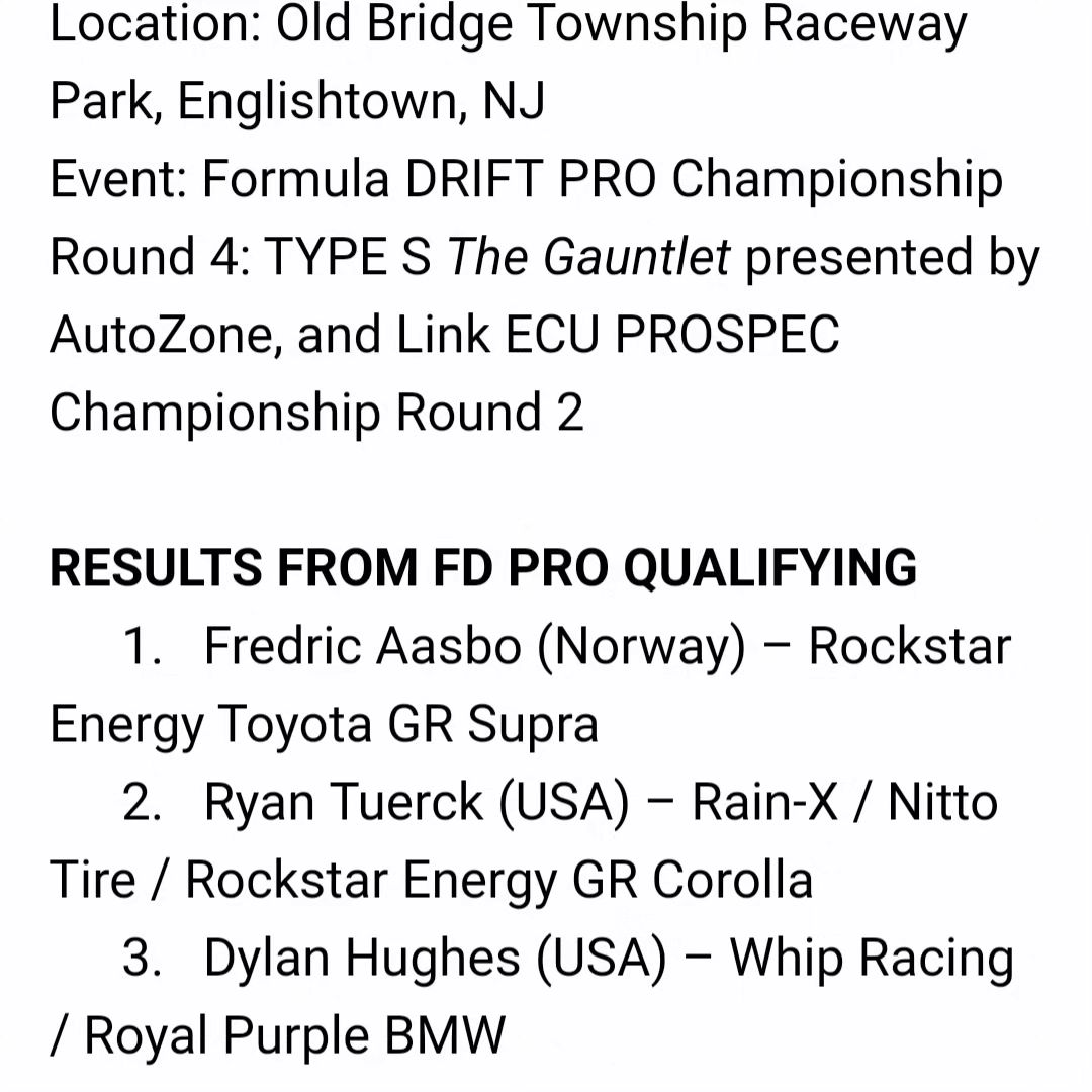 QUALIFYING RESULTS FROM 2023 FORMULA DRIFT PRO ROUND 4 PROSPEC ROUND 2 CHAMPIONSHIPS IN NEW JERSEY