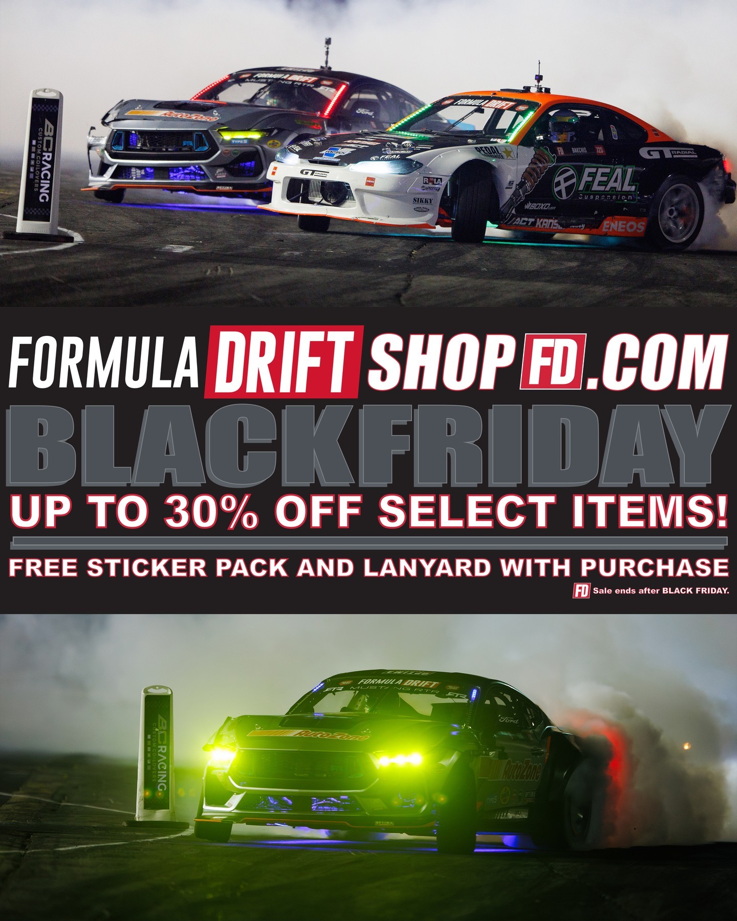 For the drift enthusiast: Black Friday just got real at shopfd.com. 🛒

Enjoy serious savings of up to 30% off select items, and we're throwing in a sticker pack and lanyard. 

Link in bio.