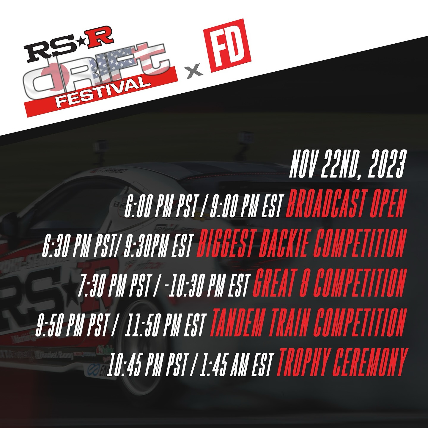 Tomorrow —  VS 

Witness drifting history. Formula DRIFT USA and Japan go head-to-head at the @RSRUSA Drift Festival, hosted at Suzuka Twin Circuit!

Streaming on Nov 22 at 6pm on our YouTube channel.