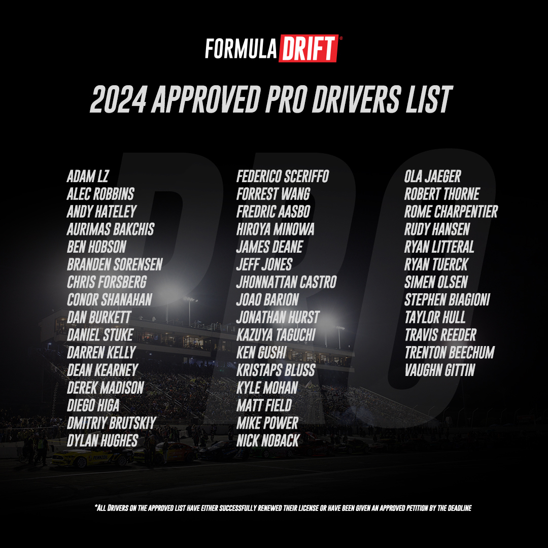 FD Fans — Meet the 2024 Formula DRIFT approved PRO drivers!

Who’s on your radar for the upcoming season? 💭