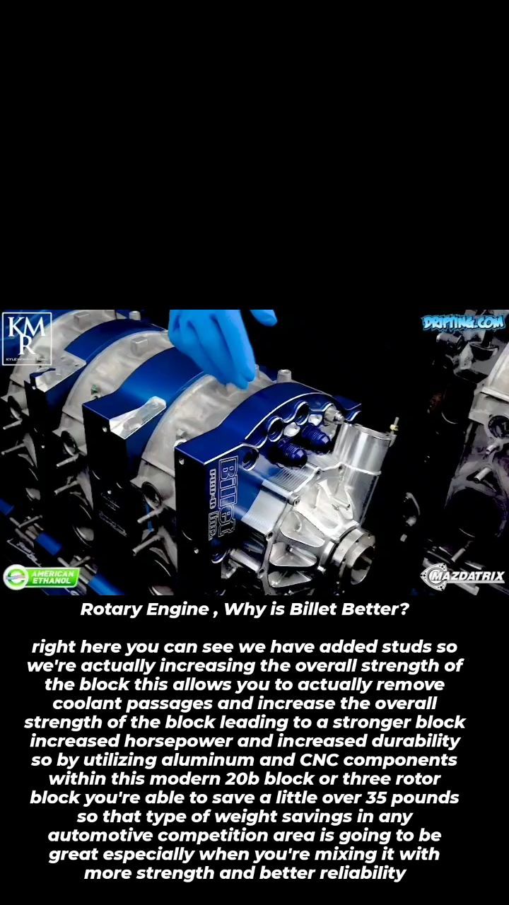 Rotary Engine , Why is Billet Better?
right here you can see we have added studs so we're actually increasing the overall strength of the block this allows you to actually remove coolant passages and increase the overall strength of the block leading to a stronger block increased horsepower and increased durability so by utilizing aluminum and CNC components within this modern 20b block or three rotor block you're able to save a little over 35 pounds so that type of weight savings in any automotive competition area is going to be great especially when you're mixing it with more strength and better reliability