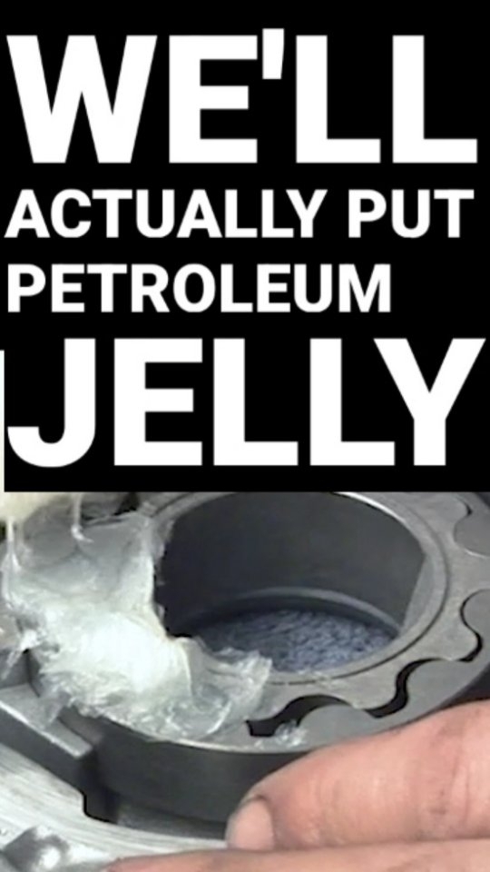 Petroleum Jelly used in a 350Z Engine Rebuild?  After inspecting the oil pump we will actually put petroleum jelly in the gears to help facilitate a quick oil pickup and oil pressure to the motor prior to starting the engine