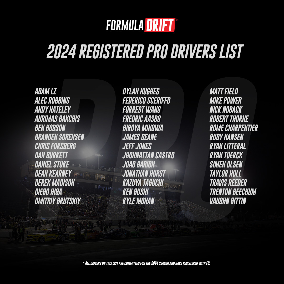 The journey to the top begins now. Here are our registered 2024 Formula DRIFT PRO drivers!

Who will carve their path to victory in 2024?