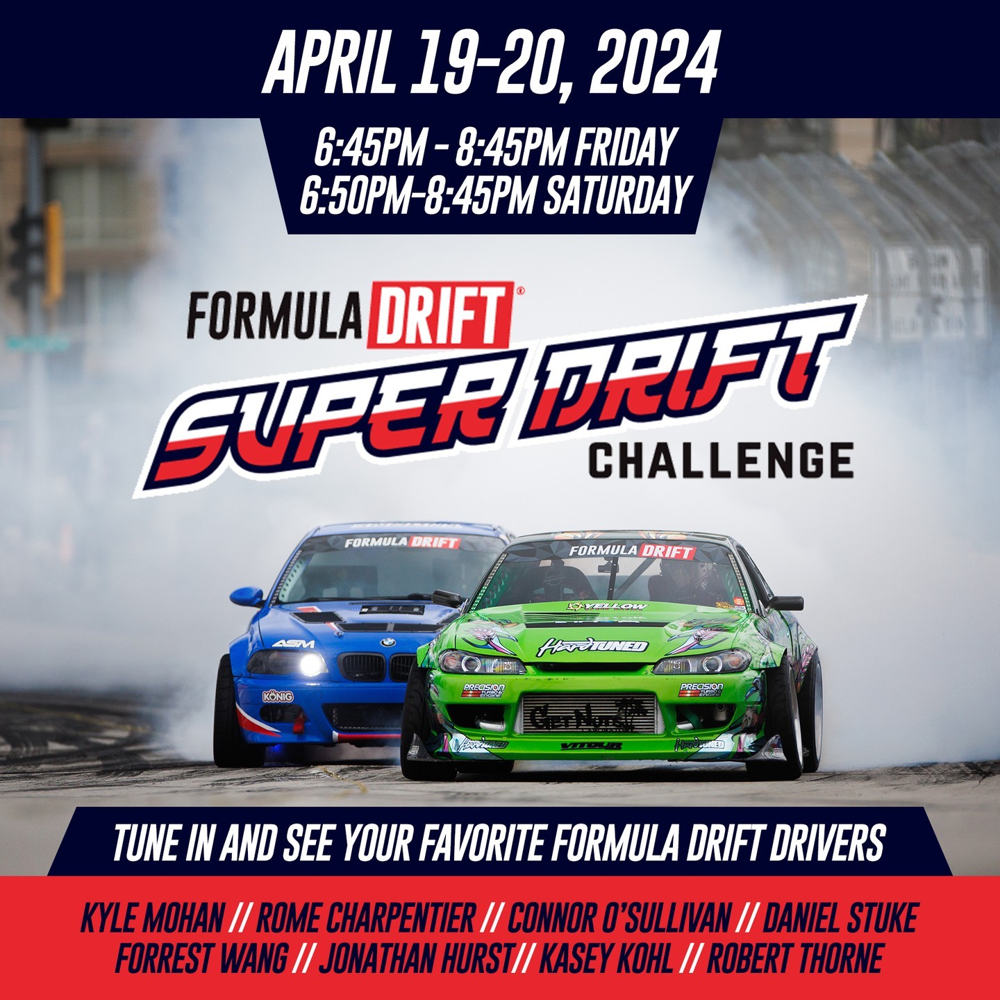 The FD Super Drift Challenge is back TOMORROW and Saturday, and yes, we're streaming it! ️

Stream the exhibition event live tomorrow at 6:45 pm PT at formulad.com/live (link in bio)

@kylemohanracing @romecp @connor_osully @stuke.racing @forrestwang808 @jonathancash16 @mspekperformance @robert_thorne8