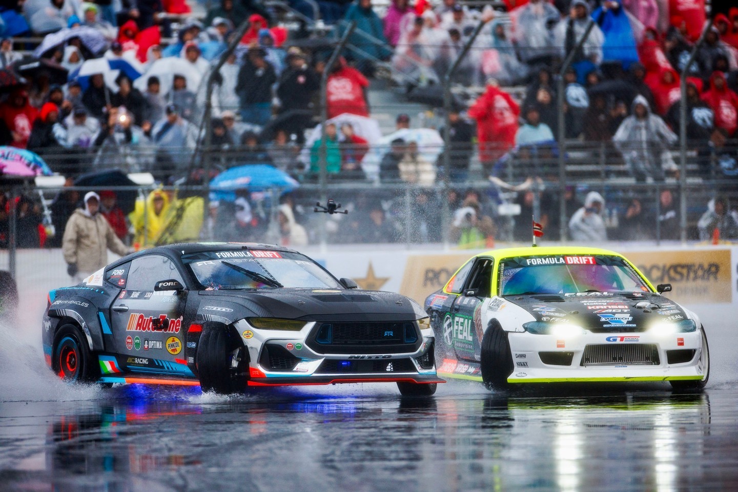 Weathering the storm with skill — @SimenOlsenDrifting and @JamesDeane130 just delivered a masterclass in wet-weather drifting to cap off RD 1.