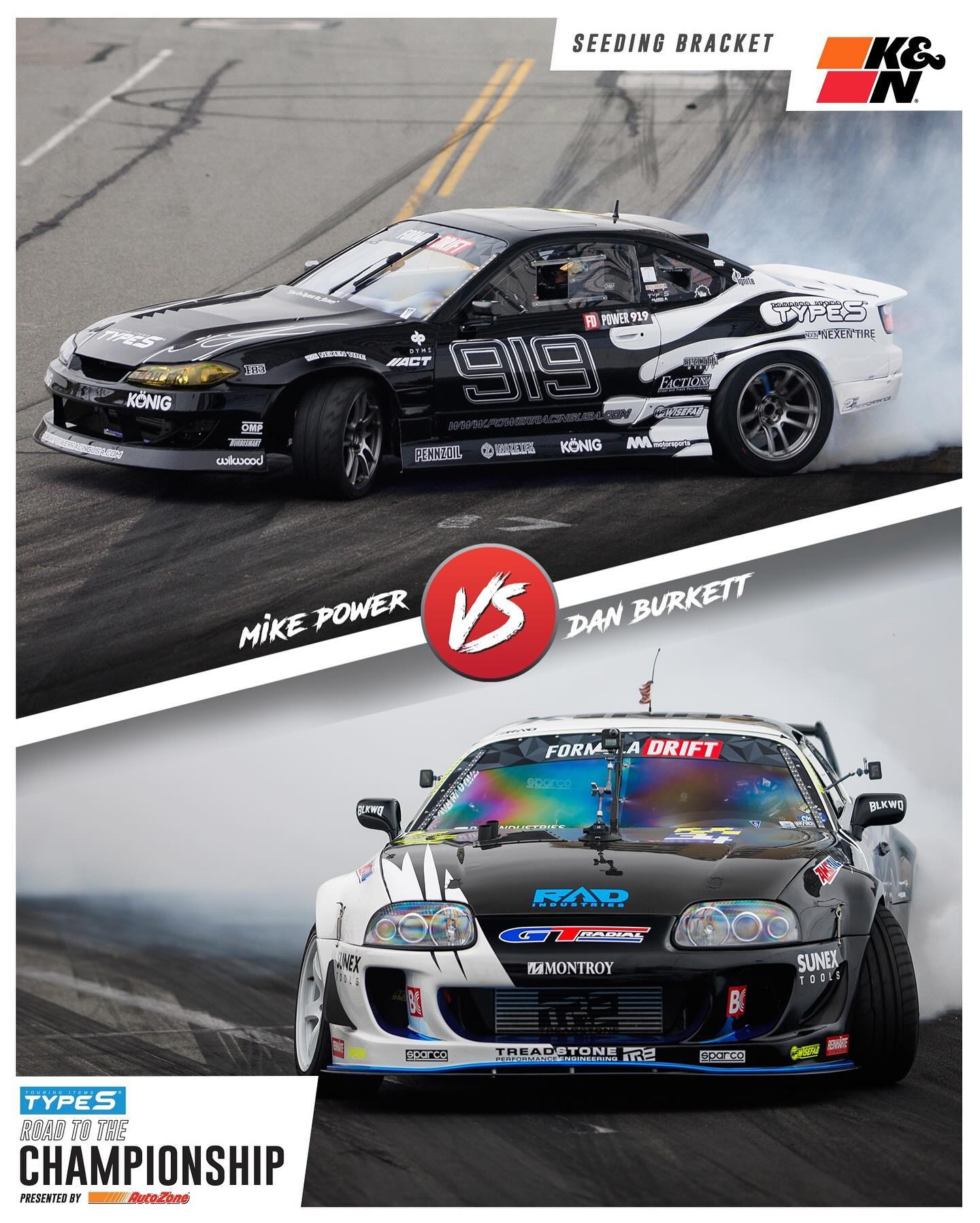 Who you got?  @MikePowerDrift & @RadDanDrift face off in the Seeding Sixteen on Thursday, May 9th in Atlanta.

Presented by @KNFilters