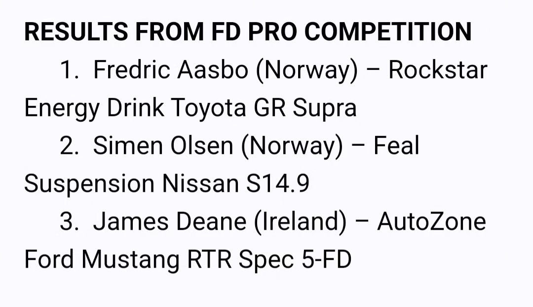 COMPETITION RESULTS FROM ROUND 2 OF 2024 FORMULA DRIFT PRO CHAMPIONSHIP AT ROAD ATLANTA