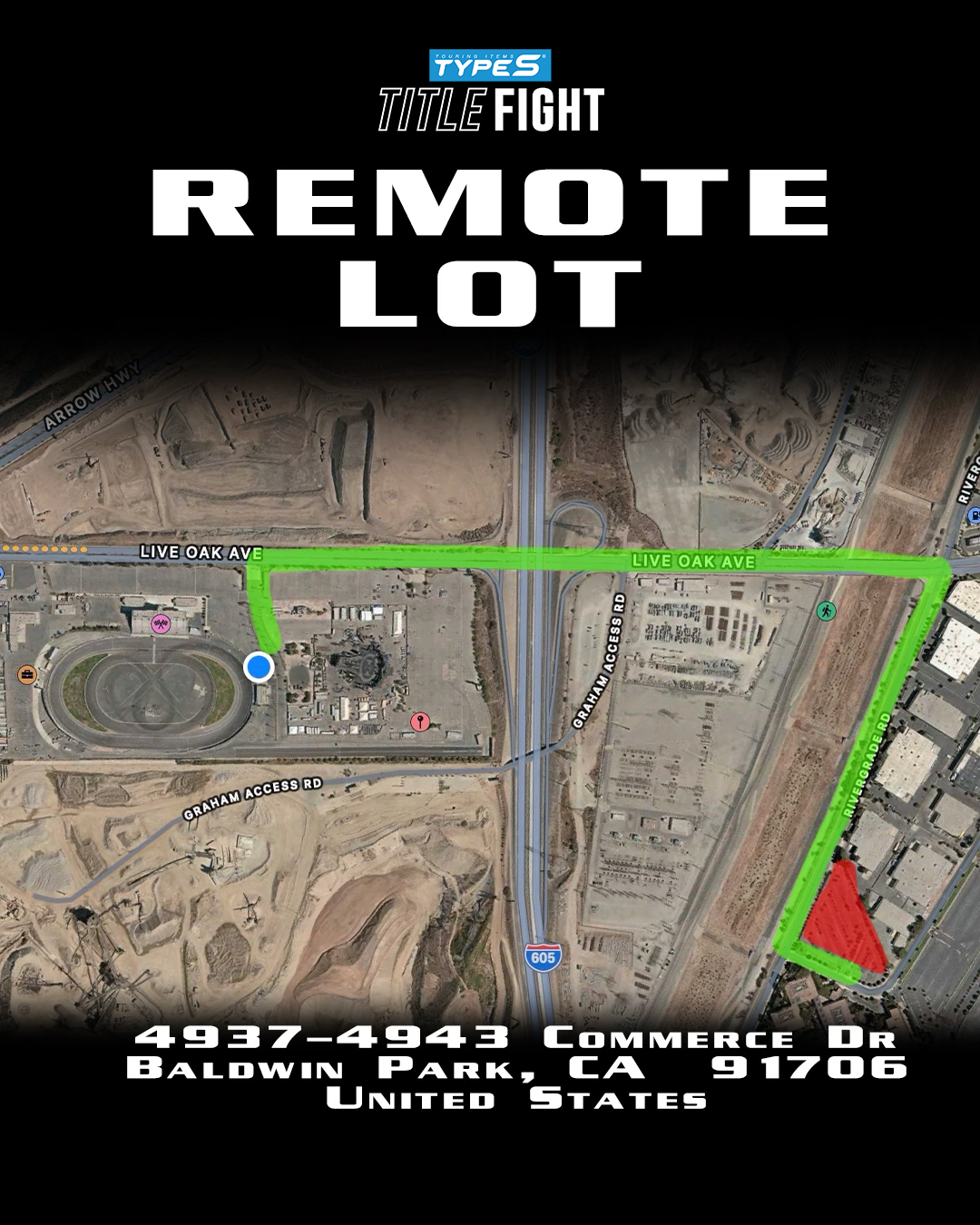 For those still driving to Irwindale Speedway, please note the following map for a designated overflow parking location.

The main parking area is now full.