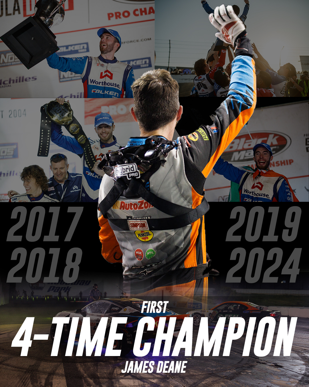 Four Titles. One James Deane. 🐐

Count 'em. @JamesDeane130 becomes the first driver in Formula DRIFT history to win FOUR Championships.