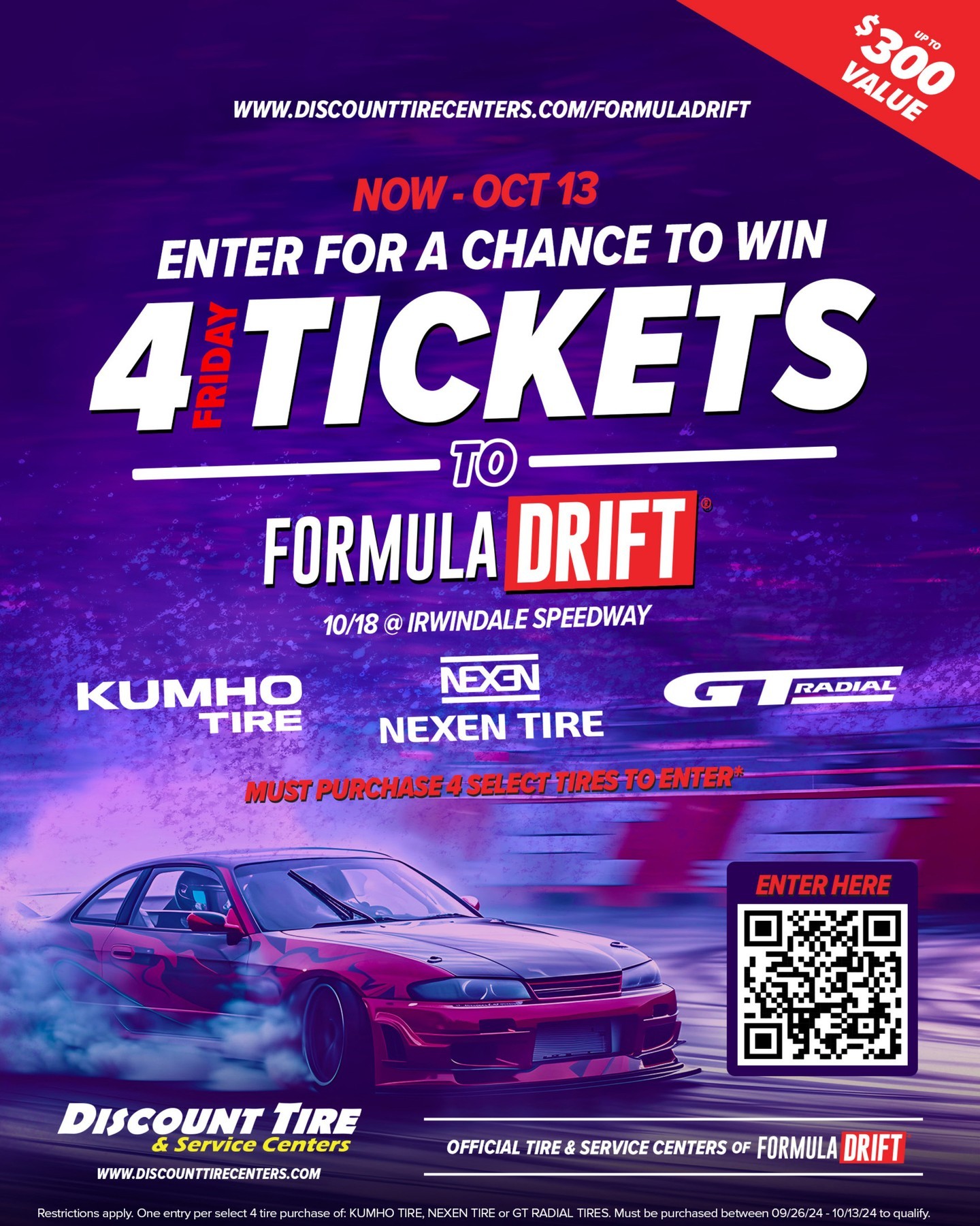 Ready to experience FD Irwindale? Purchase 4 Kumho, Nexen, or GT Radial tires at @DiscountTireCenters from NOW to 10/13, and you could win 4 Friday tickets to the show! 🎟️ Winner selected on 10/15—don’t miss out! 

Link in bio to register.