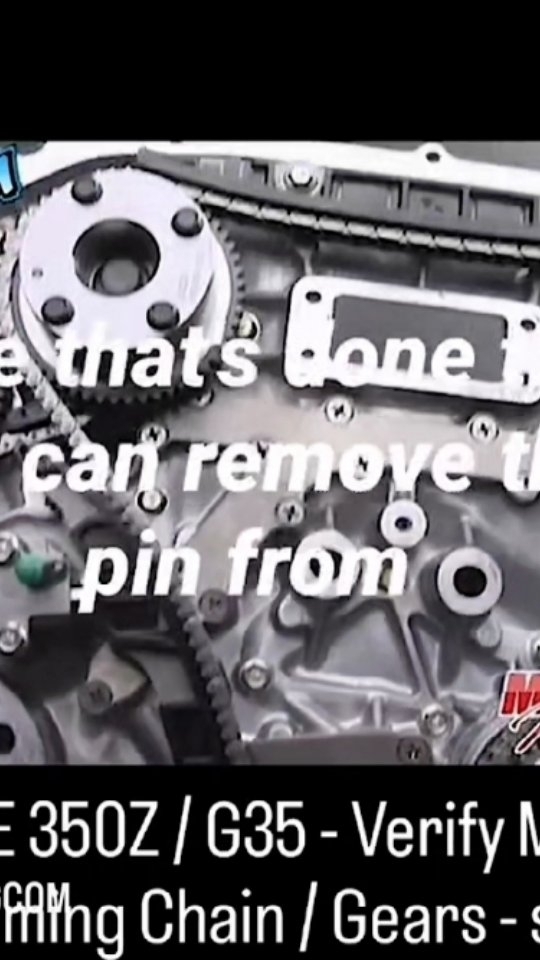 VQ35DE 350Z / G35 - Verify Marks on the Timing Chain / Gears , so now that we've got all the guides and tensioners on we're going to double verify all of our marks on the chain and the gears the crankshaft and once that's done then we can remove the pin from the tensioner and now we can safely roll the motor over and you can hear the tensioner adjusting itself out to now take up the slack so now there's tension on the chain at all points