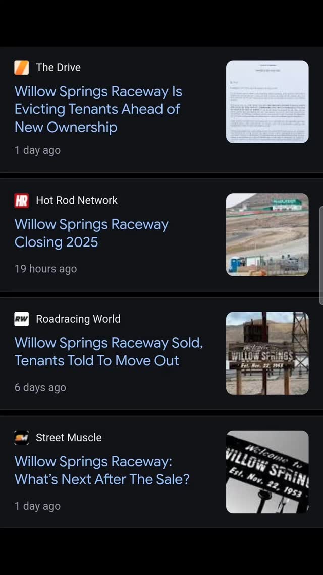Google news results .."Willow Springs Raceway Is Evicting Tenants Ahead of New Ownership"