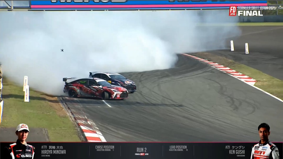 @KenGushi vs @Hiroya.Minowa. Finals battle. Fuji Speedway.  This is what Formula DRIFT Japan is all about.

Run 2 between the OG & rising star.