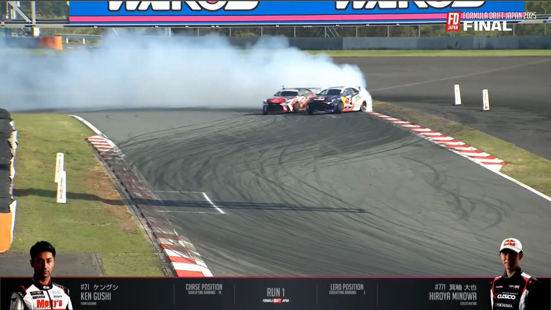 When a legend and a young star meet at the summit.  Run 1 - @KenGushi and @Hiroya.Minowa lit up Fuji Speedway in the finals of FD Japan RD 1.